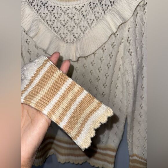 Broadway 38 Cream Ruffle Yoke Pointelle Knit Sweater Size M EUC - Picture 4 of 9